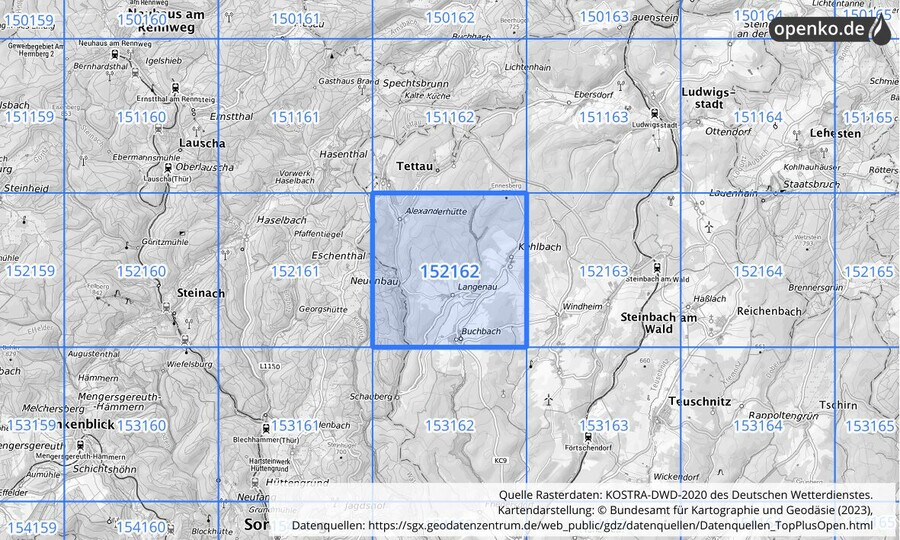 Übersichtskarte des KOSTRA-DWD-2020-Rasterfeldes Nr. 152162
