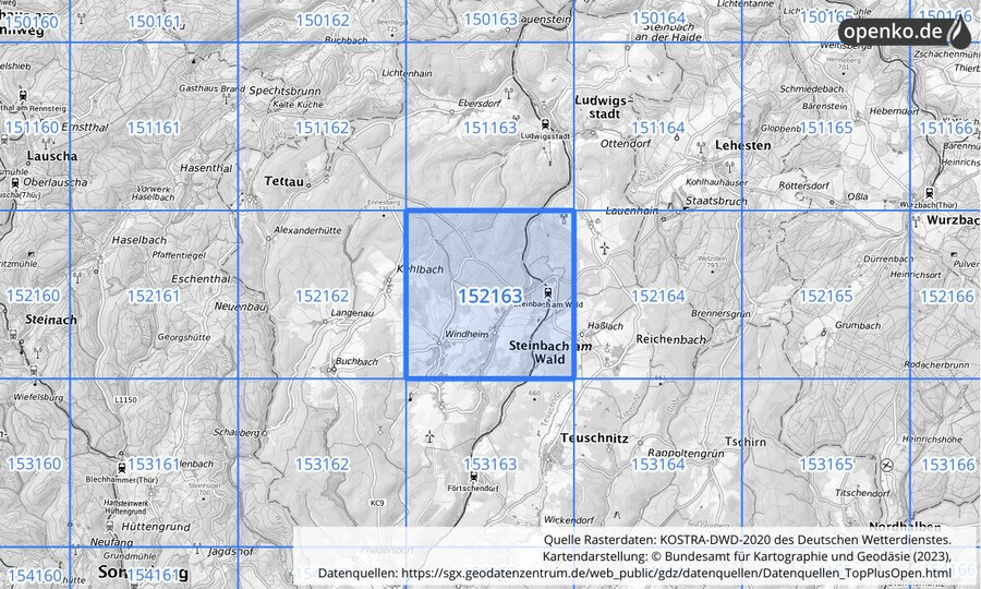 Übersichtskarte des KOSTRA-DWD-2020-Rasterfeldes Nr. 152163