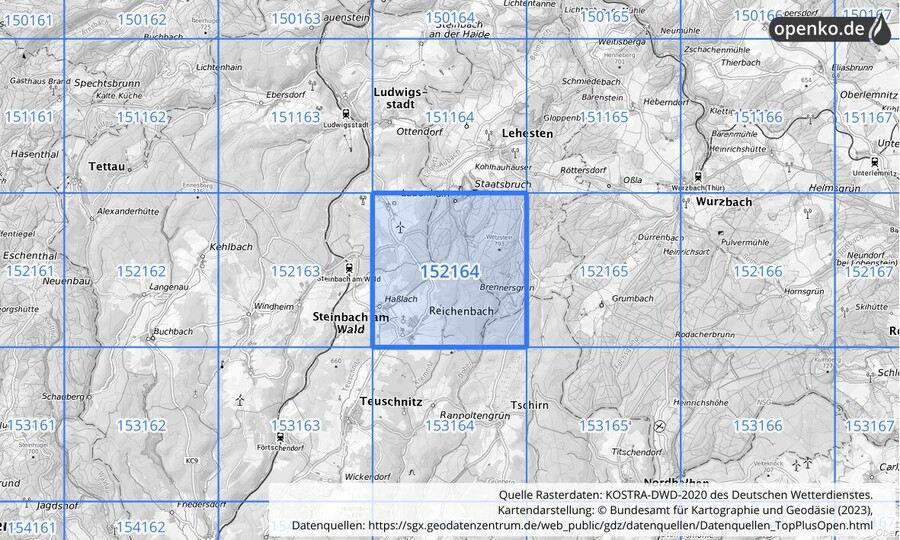 Übersichtskarte des KOSTRA-DWD-2020-Rasterfeldes Nr. 152164