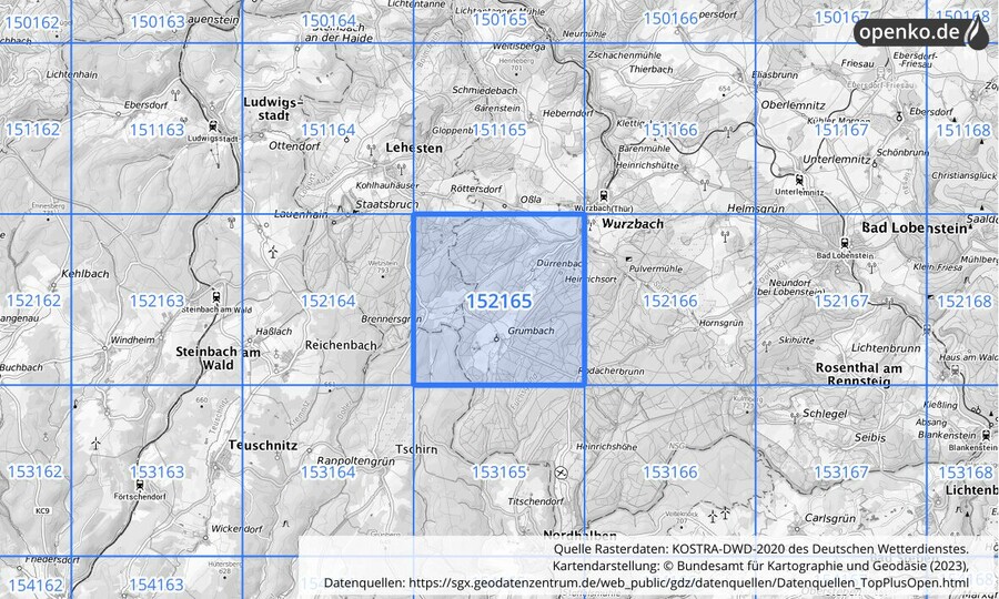 Übersichtskarte des KOSTRA-DWD-2020-Rasterfeldes Nr. 152165