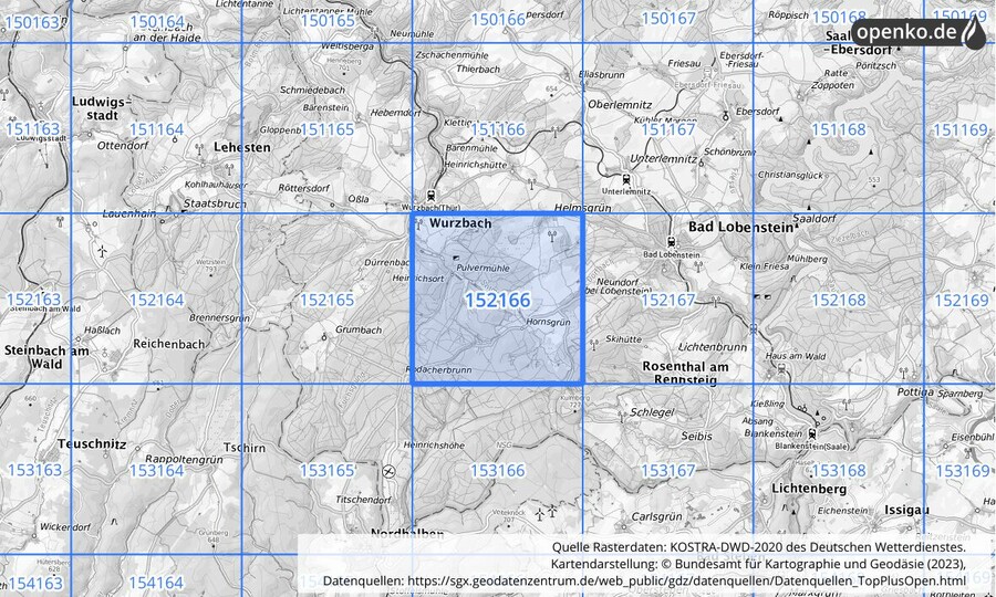 Übersichtskarte des KOSTRA-DWD-2020-Rasterfeldes Nr. 152166