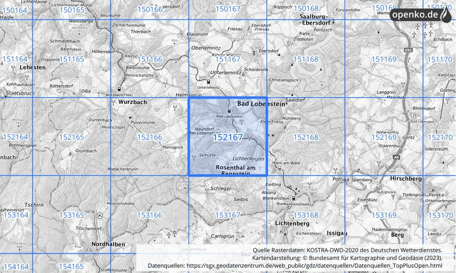 Übersichtskarte des KOSTRA-DWD-2020-Rasterfeldes Nr. 152167