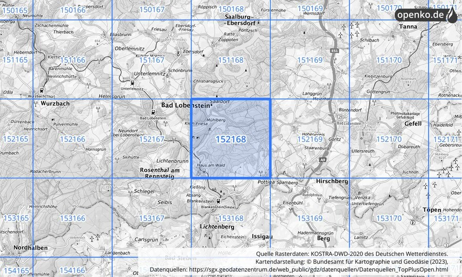 Übersichtskarte des KOSTRA-DWD-2020-Rasterfeldes Nr. 152168