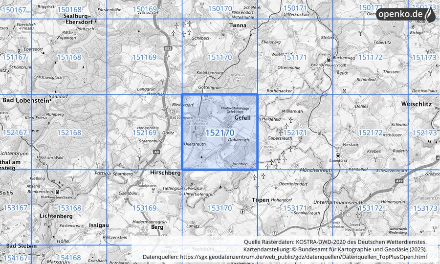 Übersichtskarte des KOSTRA-DWD-2020-Rasterfeldes Nr. 152170