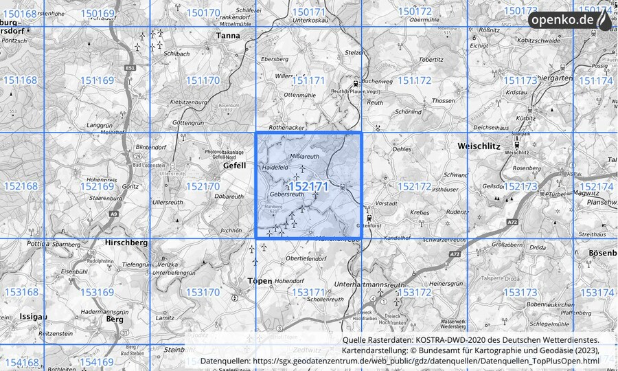 Übersichtskarte des KOSTRA-DWD-2020-Rasterfeldes Nr. 152171