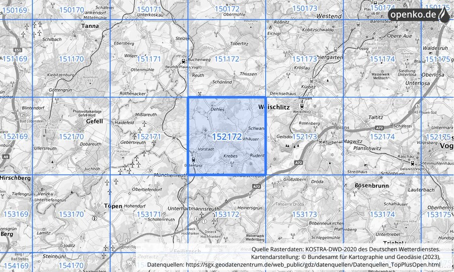 Übersichtskarte des KOSTRA-DWD-2020-Rasterfeldes Nr. 152172