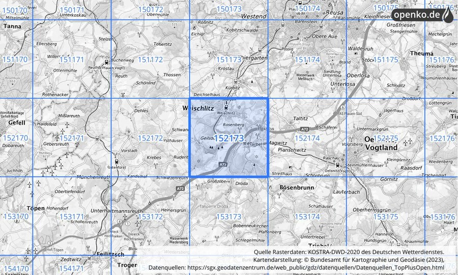 Übersichtskarte des KOSTRA-DWD-2020-Rasterfeldes Nr. 152173