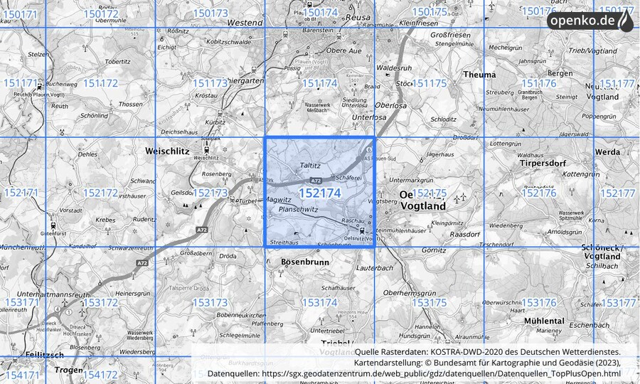 Übersichtskarte des KOSTRA-DWD-2020-Rasterfeldes Nr. 152174