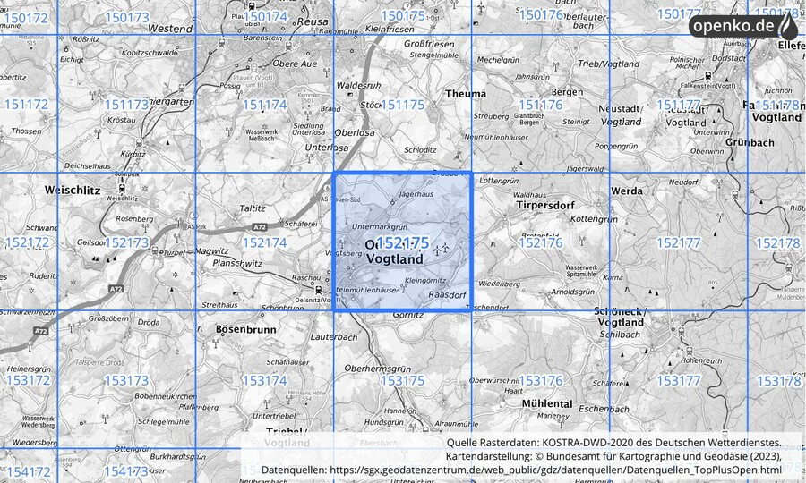 Übersichtskarte des KOSTRA-DWD-2020-Rasterfeldes Nr. 152175