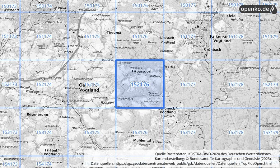 Übersichtskarte des KOSTRA-DWD-2020-Rasterfeldes Nr. 152176