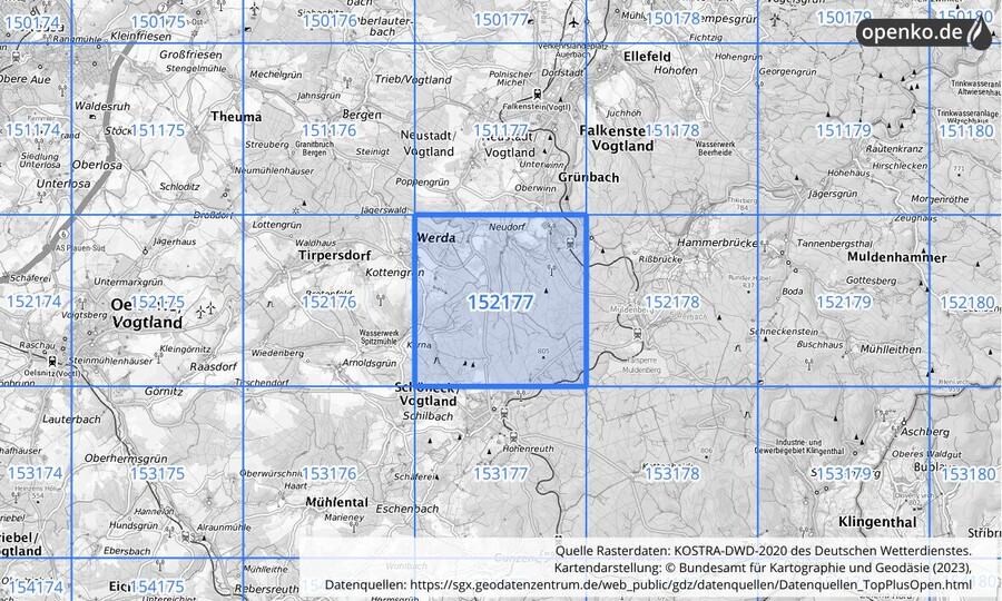 Übersichtskarte des KOSTRA-DWD-2020-Rasterfeldes Nr. 152177