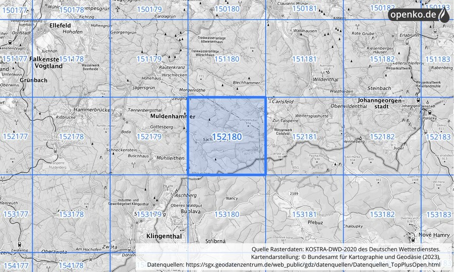 Übersichtskarte des KOSTRA-DWD-2020-Rasterfeldes Nr. 152180