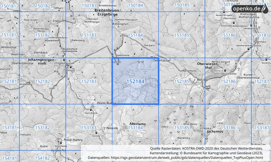 Übersichtskarte des KOSTRA-DWD-2020-Rasterfeldes Nr. 152184