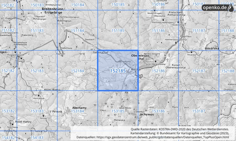 Übersichtskarte des KOSTRA-DWD-2020-Rasterfeldes Nr. 152185