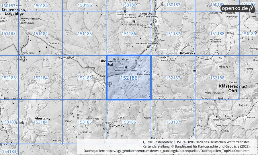 Übersichtskarte des KOSTRA-DWD-2020-Rasterfeldes Nr. 152186