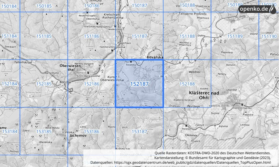 Übersichtskarte des KOSTRA-DWD-2020-Rasterfeldes Nr. 152187