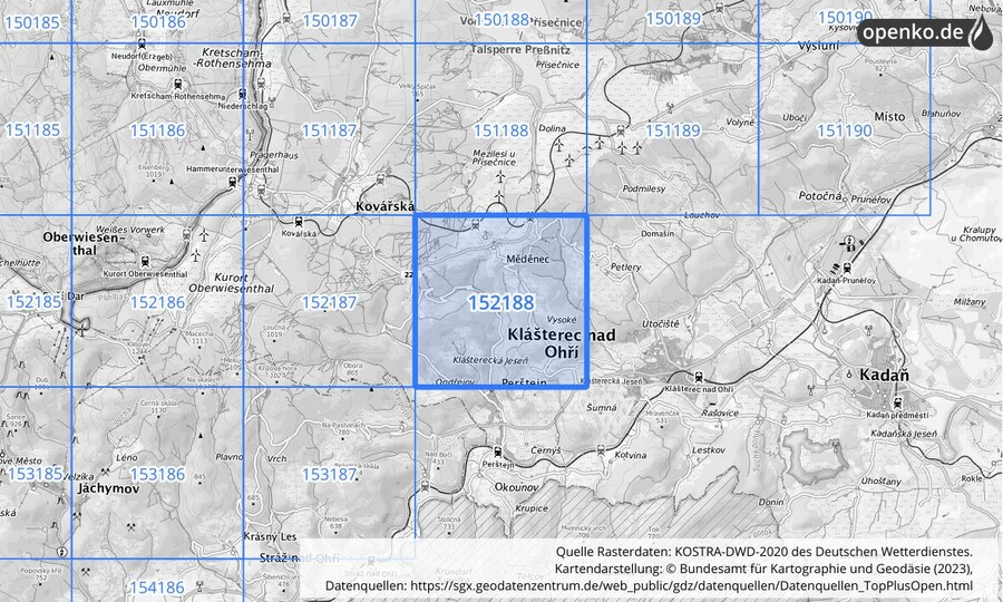 Übersichtskarte des KOSTRA-DWD-2020-Rasterfeldes Nr. 152188