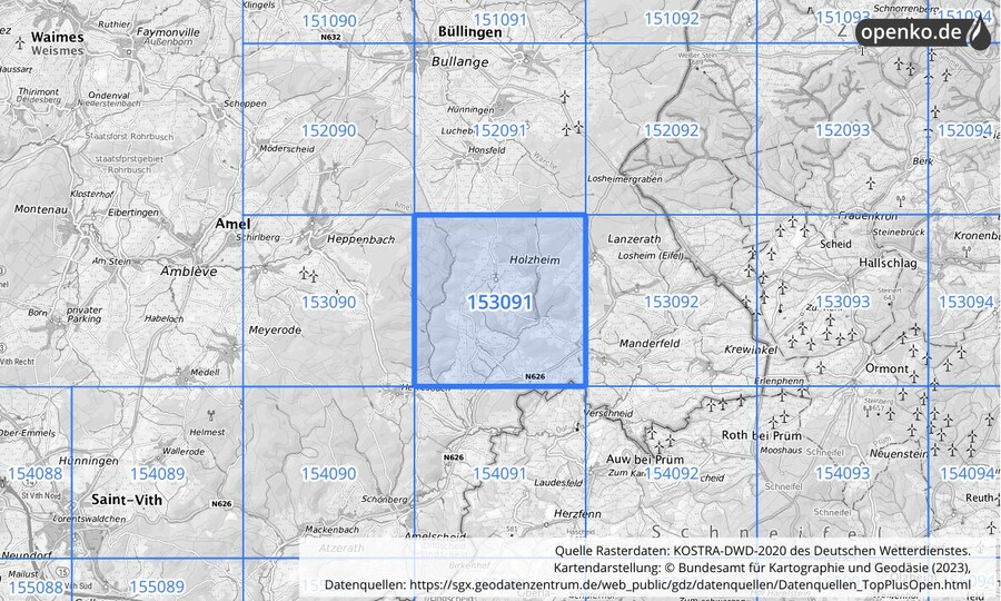 Übersichtskarte des KOSTRA-DWD-2020-Rasterfeldes Nr. 153091
