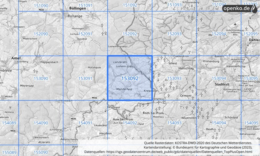 Übersichtskarte des KOSTRA-DWD-2020-Rasterfeldes Nr. 153092