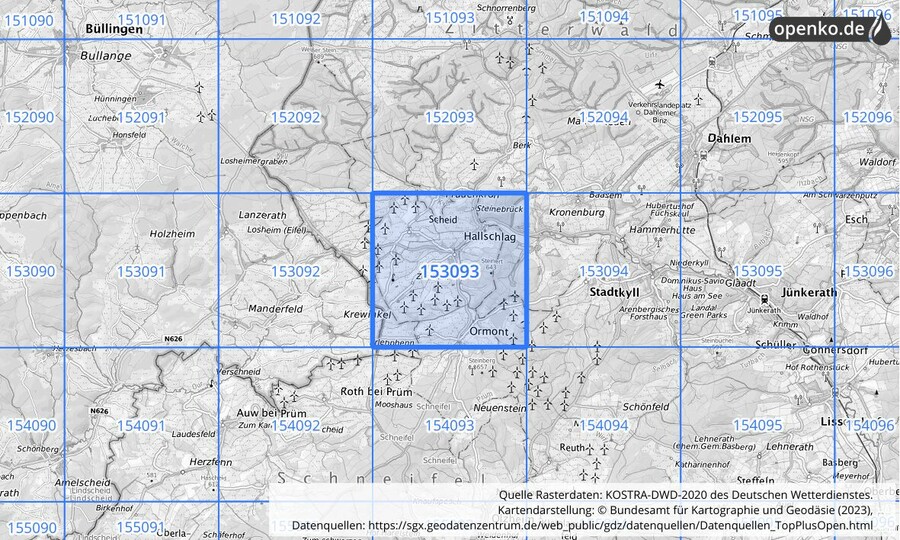 Übersichtskarte des KOSTRA-DWD-2020-Rasterfeldes Nr. 153093