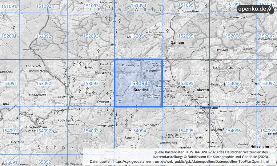 Übersichtskarte des KOSTRA-DWD-2020-Rasterfeldes Nr. 153094