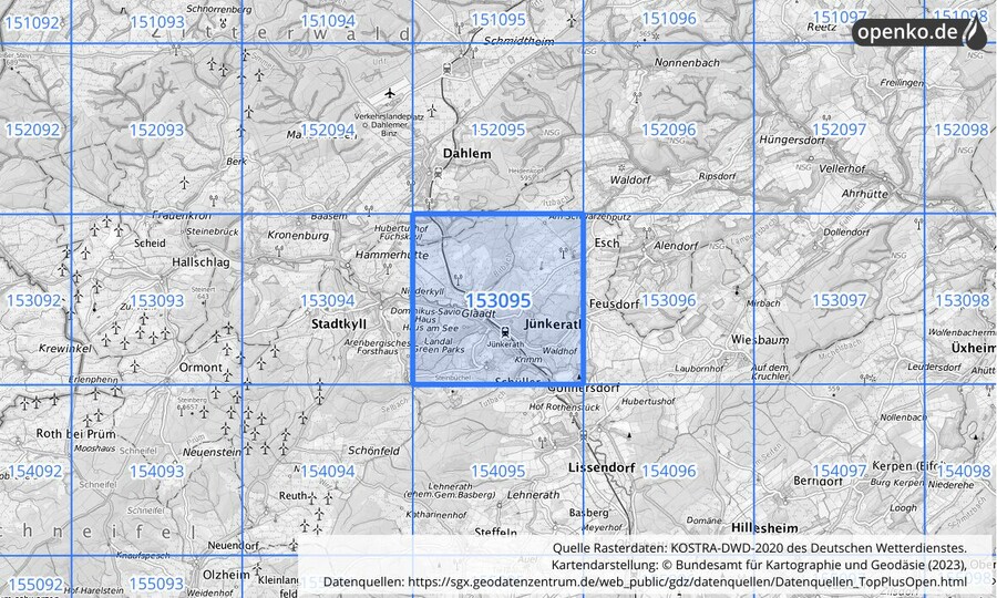 Übersichtskarte des KOSTRA-DWD-2020-Rasterfeldes Nr. 153095