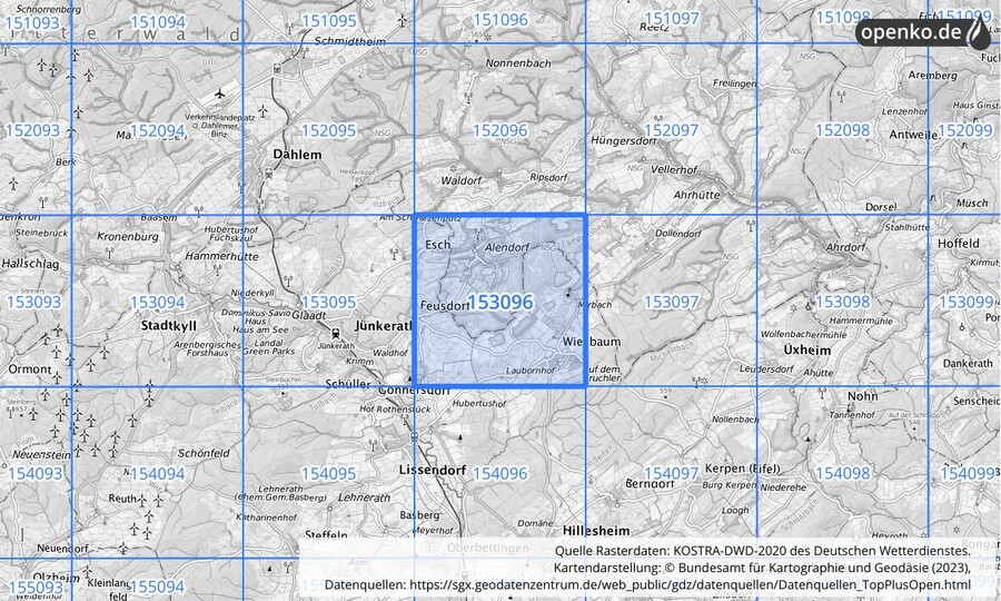 Übersichtskarte des KOSTRA-DWD-2020-Rasterfeldes Nr. 153096