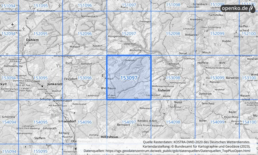 Übersichtskarte des KOSTRA-DWD-2020-Rasterfeldes Nr. 153097