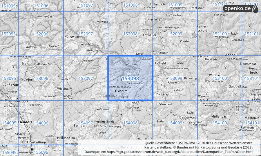 Übersichtskarte des KOSTRA-DWD-2020-Rasterfeldes Nr. 153098