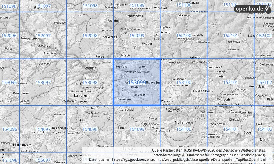 Übersichtskarte des KOSTRA-DWD-2020-Rasterfeldes Nr. 153099