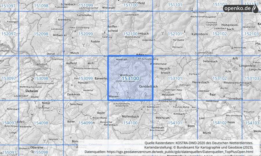 Übersichtskarte des KOSTRA-DWD-2020-Rasterfeldes Nr. 153100