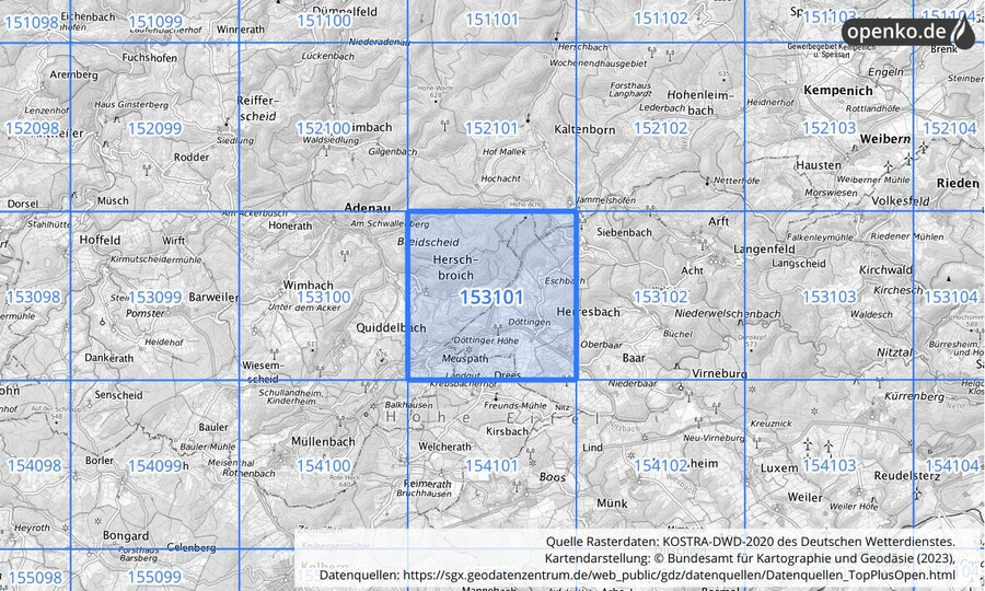 Übersichtskarte des KOSTRA-DWD-2020-Rasterfeldes Nr. 153101