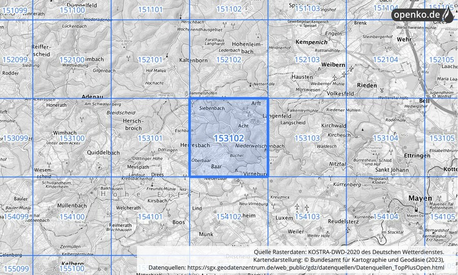 Übersichtskarte des KOSTRA-DWD-2020-Rasterfeldes Nr. 153102