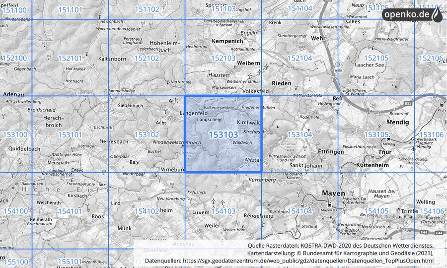 Übersichtskarte des KOSTRA-DWD-2020-Rasterfeldes Nr. 153103