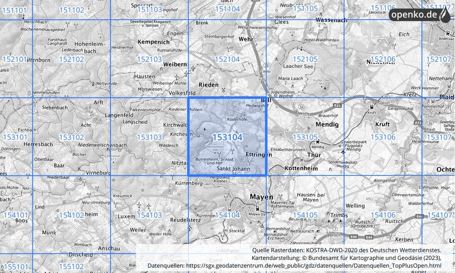 Übersichtskarte des KOSTRA-DWD-2020-Rasterfeldes Nr. 153104