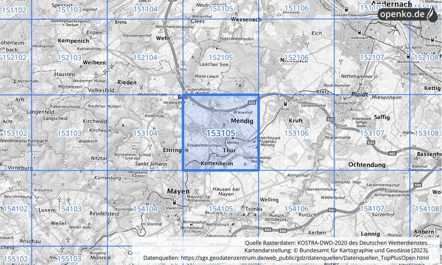 Übersichtskarte des KOSTRA-DWD-2020-Rasterfeldes Nr. 153105