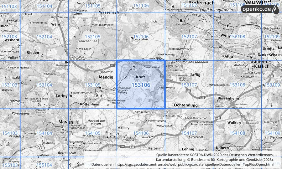 Übersichtskarte des KOSTRA-DWD-2020-Rasterfeldes Nr. 153106