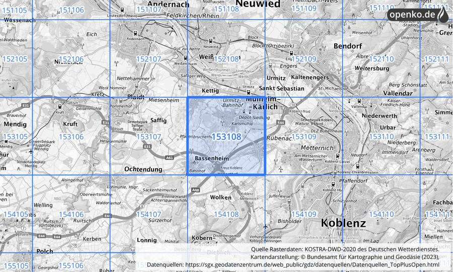 Übersichtskarte des KOSTRA-DWD-2020-Rasterfeldes Nr. 153108