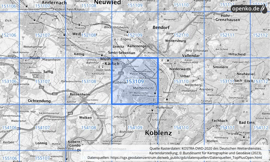 Übersichtskarte des KOSTRA-DWD-2020-Rasterfeldes Nr. 153109