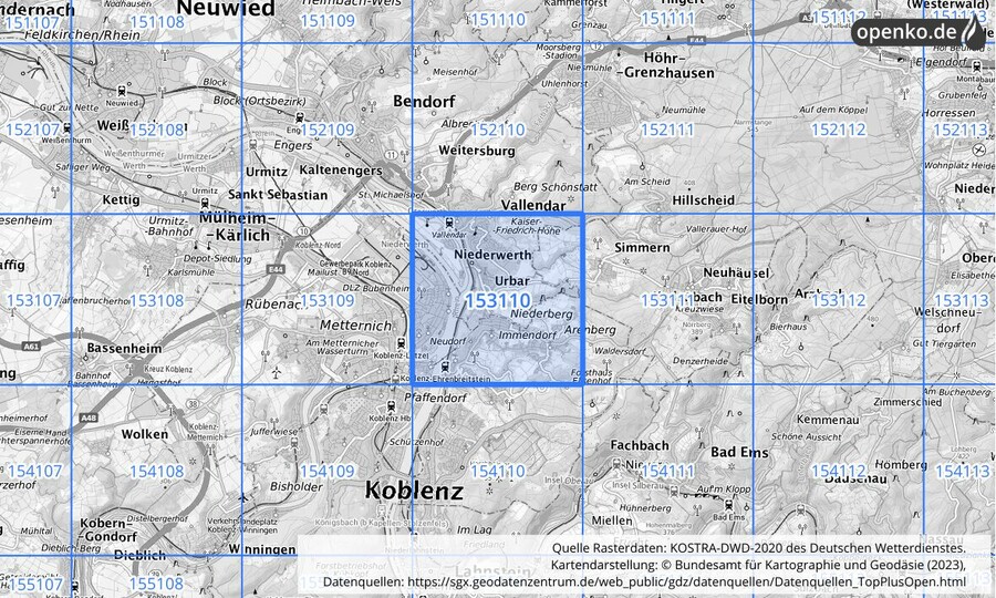 Übersichtskarte des KOSTRA-DWD-2020-Rasterfeldes Nr. 153110