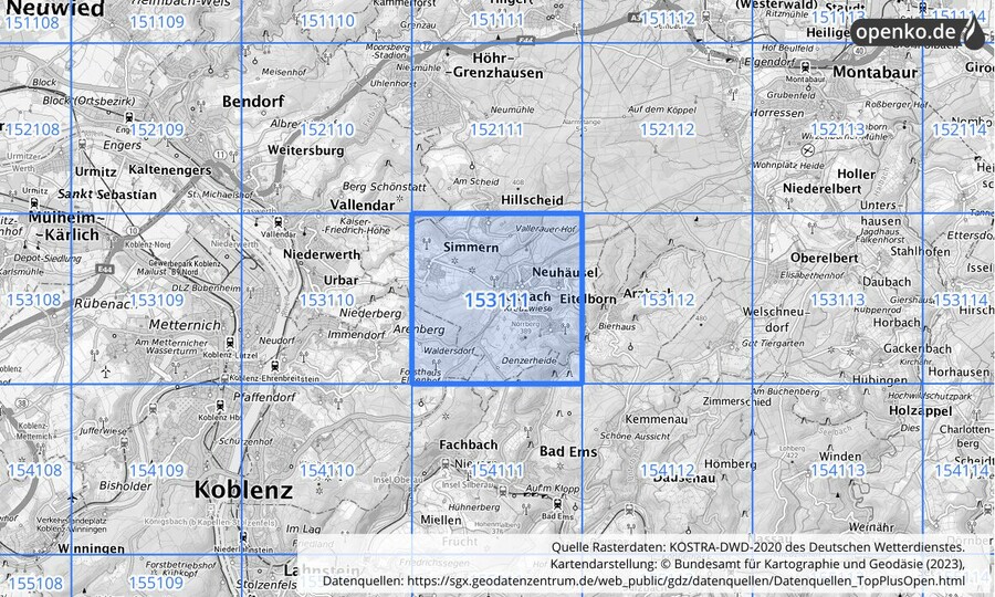 Übersichtskarte des KOSTRA-DWD-2020-Rasterfeldes Nr. 153111