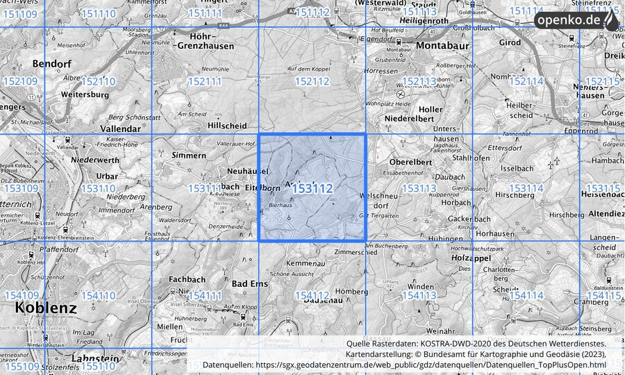 Übersichtskarte des KOSTRA-DWD-2020-Rasterfeldes Nr. 153112