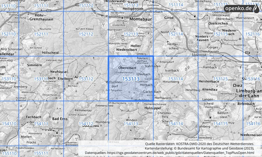 Übersichtskarte des KOSTRA-DWD-2020-Rasterfeldes Nr. 153113