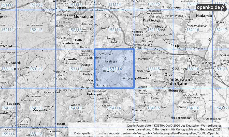 Übersichtskarte des KOSTRA-DWD-2020-Rasterfeldes Nr. 153114