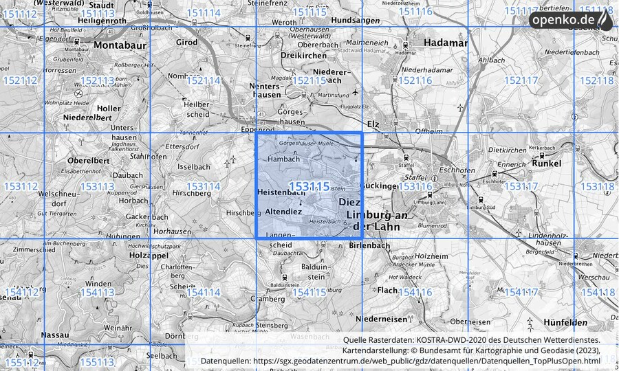 Übersichtskarte des KOSTRA-DWD-2020-Rasterfeldes Nr. 153115