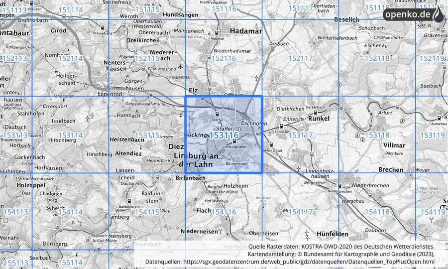 Übersichtskarte des KOSTRA-DWD-2020-Rasterfeldes Nr. 153116