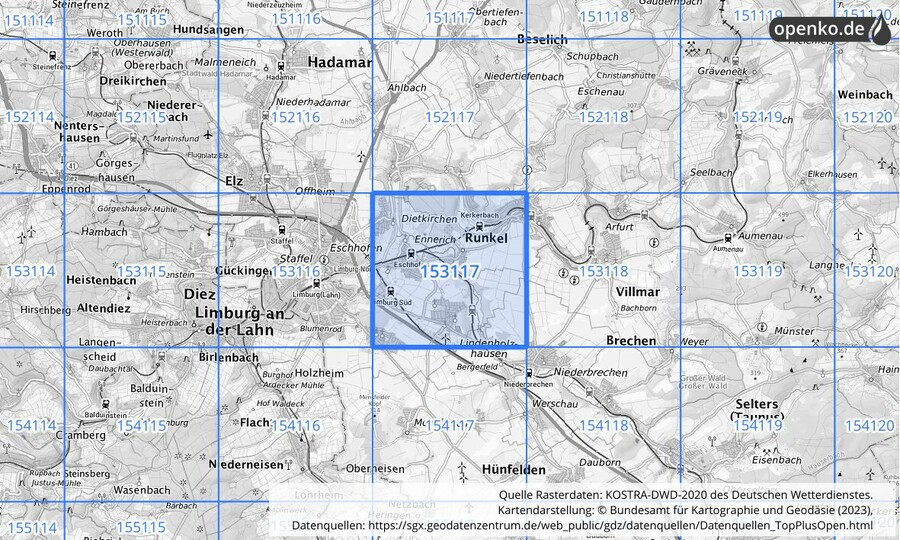 Übersichtskarte des KOSTRA-DWD-2020-Rasterfeldes Nr. 153117