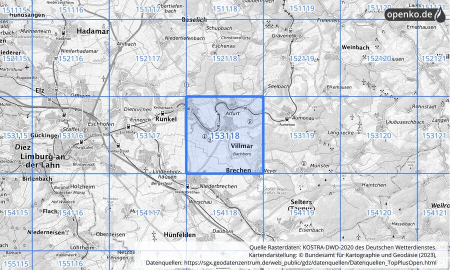 Übersichtskarte des KOSTRA-DWD-2020-Rasterfeldes Nr. 153118