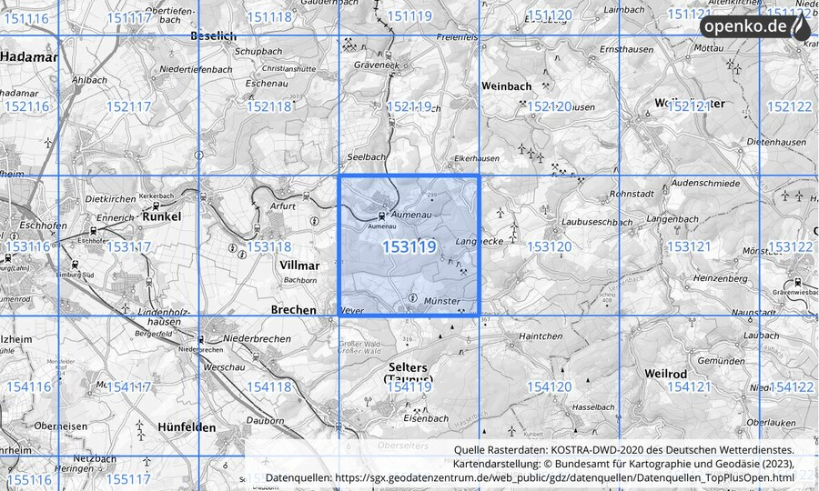 Übersichtskarte des KOSTRA-DWD-2020-Rasterfeldes Nr. 153119