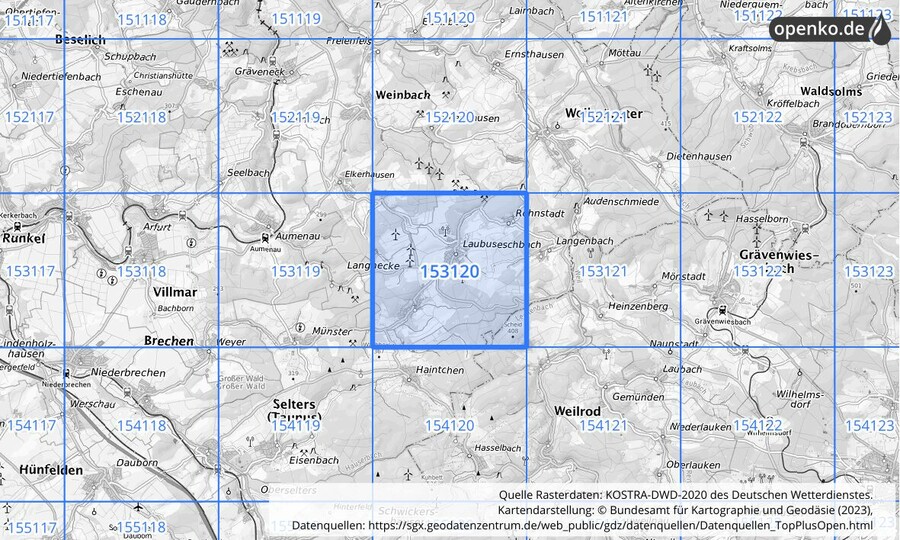Übersichtskarte des KOSTRA-DWD-2020-Rasterfeldes Nr. 153120